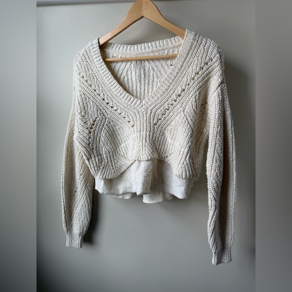 ANTHROPOLOGIE Croppedâ Mixed Media Layered Twofer Pointelle Sweater V Neck XS